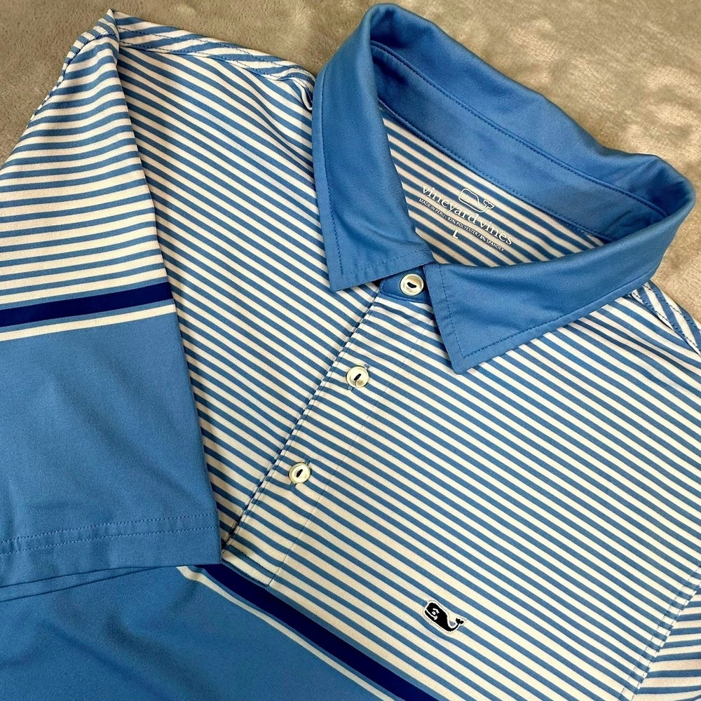 Vineyard Vines Polo Mens L Blue Striped Performance Short Sleeve Whale Logo